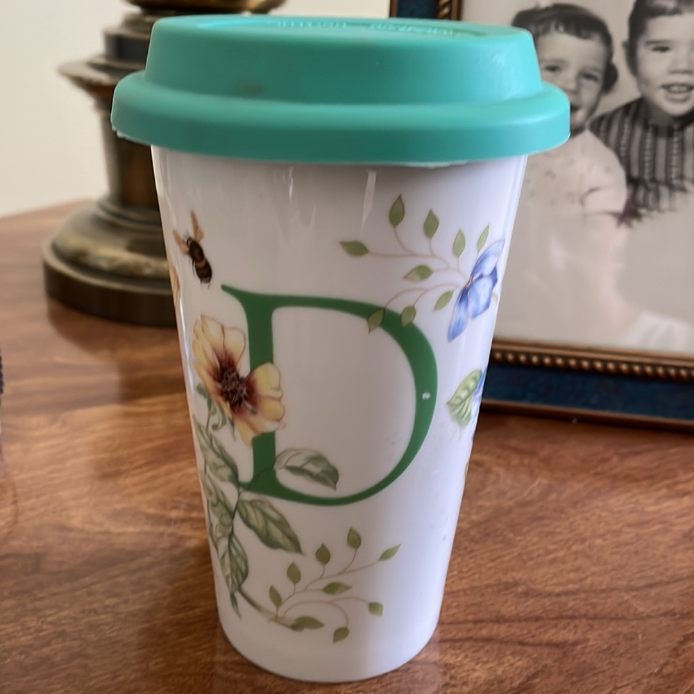 LENOX BUTTERFLY MEADOW Thermal Travel Mug w/ Silicone Lid Initial D Like New